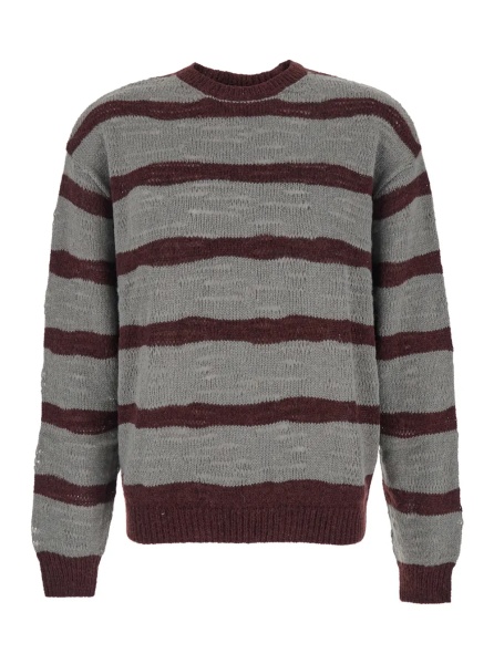 Pulover Grey Crew Neck Sweater with All-Over Striped Motif in Wool Blend Man