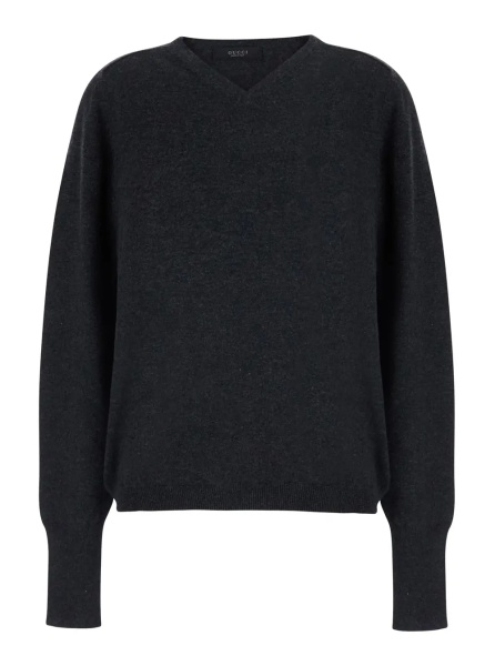 Pulover Grey Long Sleeve Sweater with V-Neck in Cashmere Women