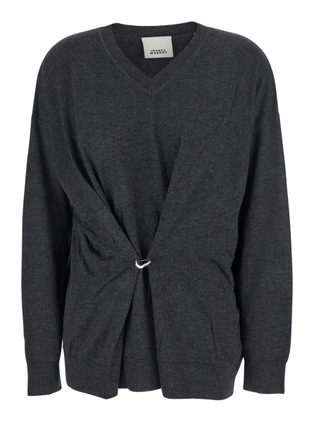 Pulover Grey V-Neck Sweater with Ring Detail at the Waist in Fabric Woman