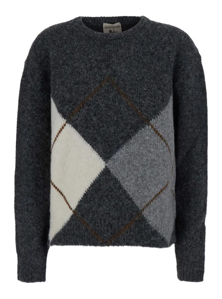 Pulover 'Keira' Gray Crew Neck Sweater with Argyle Motif on the Front in Blend Wool for Women