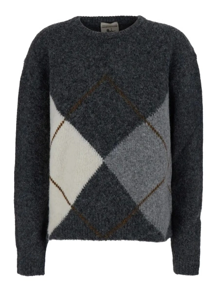 Pulover 'Keira' Gray Crew Neck Sweater with Argyle Motif on the Front in Blend Wool for Women