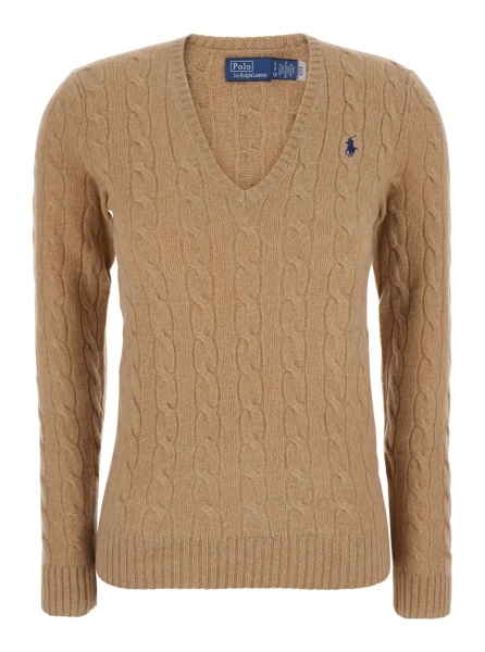 Pulover 'Kimberly' Beige Sweater with V-Neck and Cable Knit in Wool and Cashmere for Women