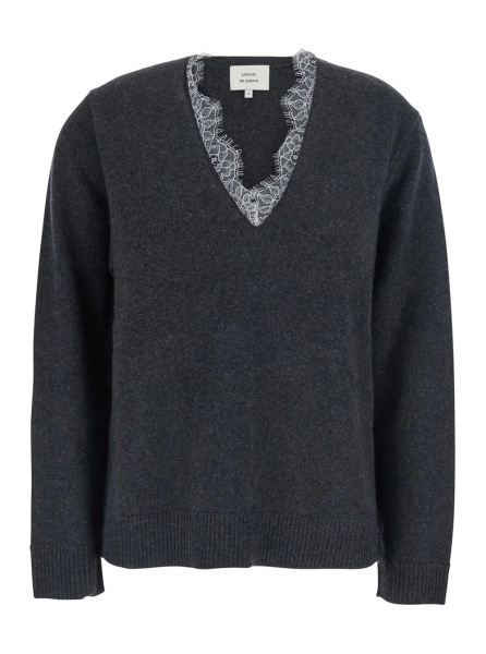 Pulover 'Leyla' Grey Sweater with V-neck and lace details in cashmere for women