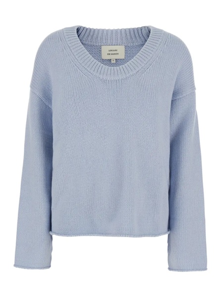Pulover Light Blue Sweater with Wide Neck and Tone-on-Tone Mini Logo in Cashmere Women