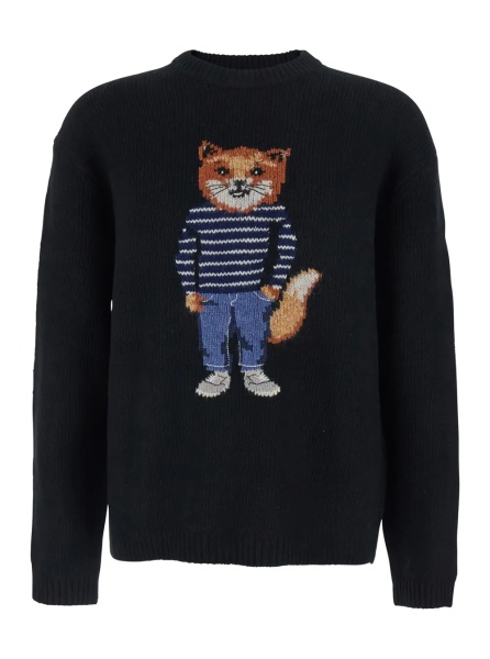 Pulover MAISON KITSUNÉ Black Crewneck Sweater with Logo Embroidery on the Front in Wool Blend Man