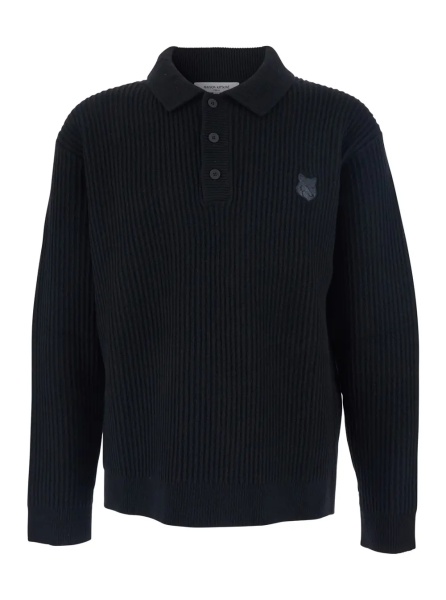 Pulover MAISON KITSUNÉ Black Ribbed Sweater with Front Logo Patch in Cotton Man