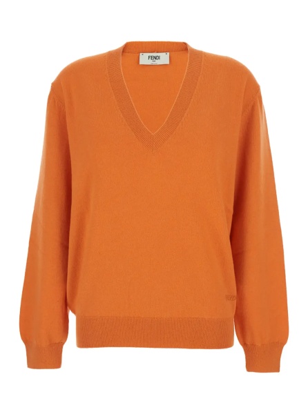 Pulover Orange Oversized Sweater with V-Neck and Logo Lettering Embroidery in Cashmere for Women