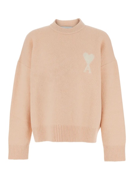 Pulover Pink Crewneck Sweater with ADC Embroidery on the Front and Dropped Shoulders in Wool Blend Woman