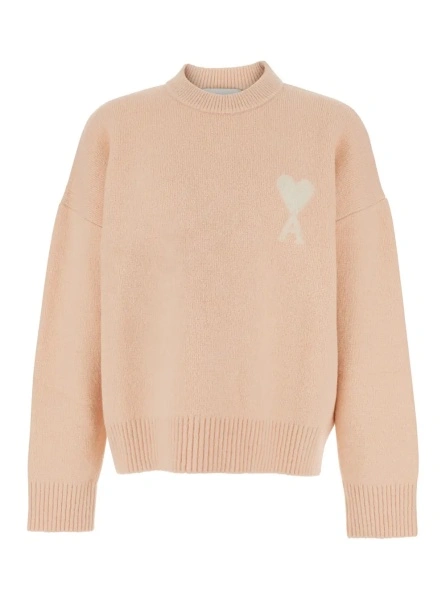 Pulover Pink Crewneck Sweater with ADC Embroidery on the Front and Dropped Shoulders in Wool Blend Woman
