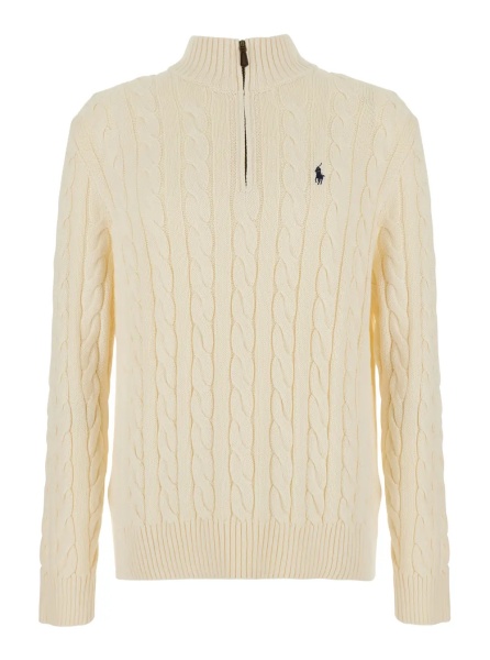 Pulover White High Neck Sweater with Half Zip on the Front and Pony on the Front in Cotton for Men