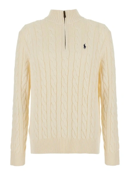 Pulover White High Neck Sweater with Half Zip on the Front and Pony on the Front in Cotton for Men