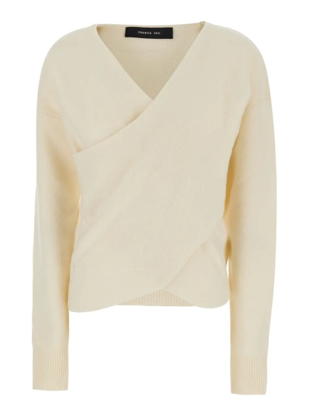 Pulover White Sweater with V-neck and crossed design in wool and cashmere Women