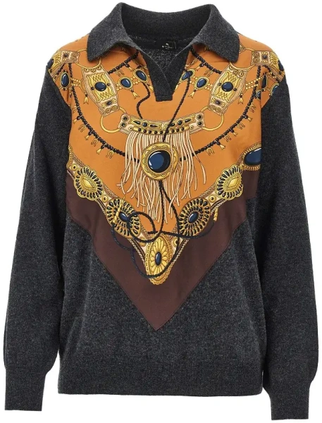 Pulover Wool sweater with printed silk intarsia