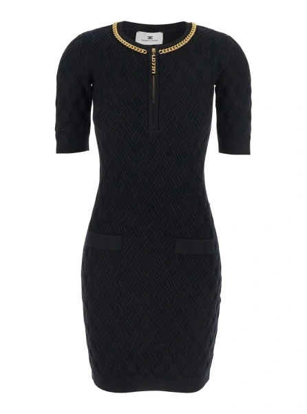 Rochii Black Crewneck Dress with Chain Detail on the Collar in Wool Woman