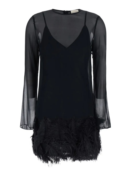 Rochii black Dress with feathers applied on the edges in fabric for women