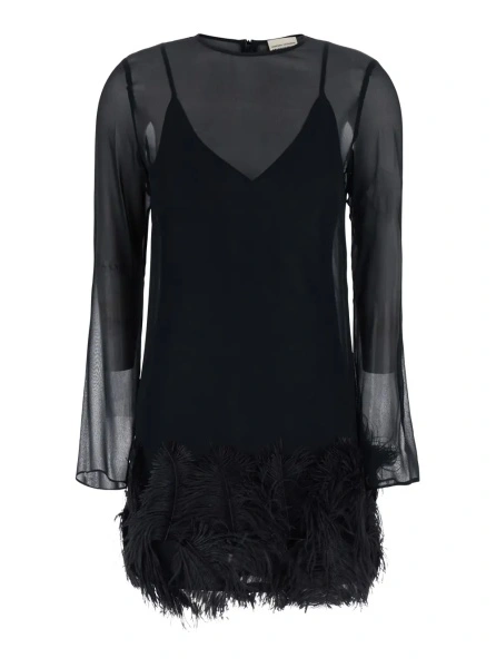 Rochii black Dress with feathers applied on the edges in fabric for women