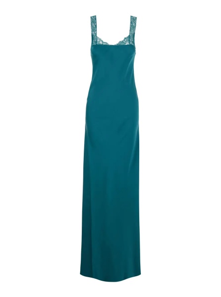 Rochii Blue Long Dress with Fixed Straps and Lace Detail on Straps and Neck in Blend Viscose for Women