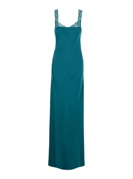 Rochii Blue Long Dress with Fixed Straps and Lace Detail on Straps and Neck in Blend Viscose for Women