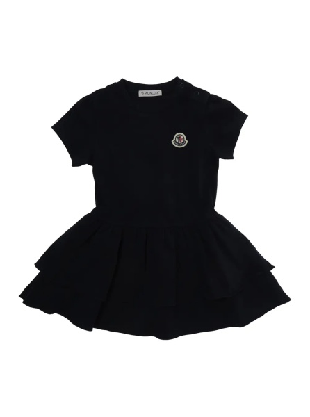 Rochii Crew Neck Dress with Logo Patch on the Front and Wide Skirt in Baby Blue Stretch Cotton