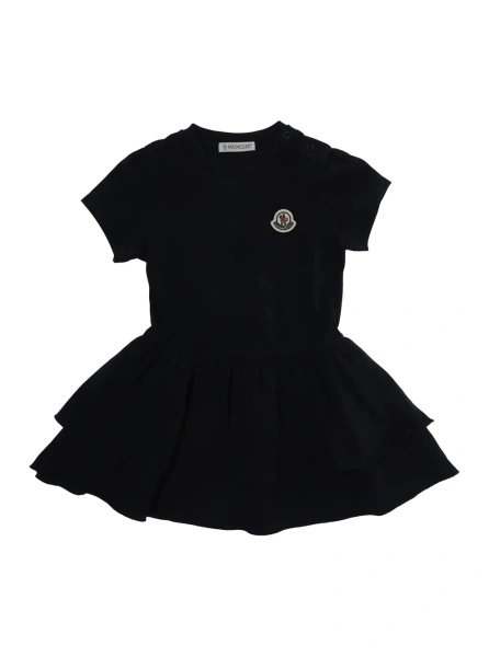 Rochii Crew Neck Dress with Logo Patch on the Front and Wide Skirt in Baby Blue Stretch Cotton