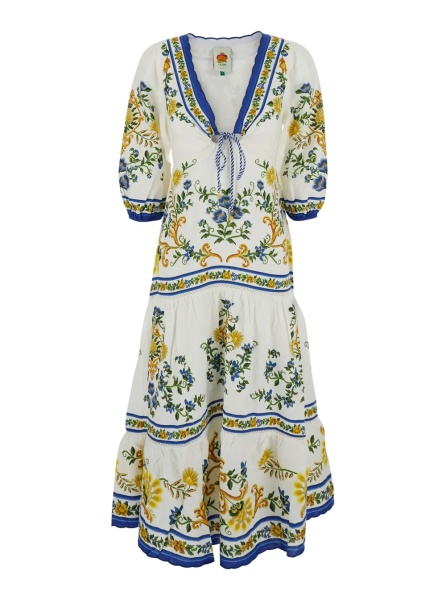 Rochii 'Emily' Multicolor Long Dress with V-neck and All-Over Floral Motif in Cotton for Women