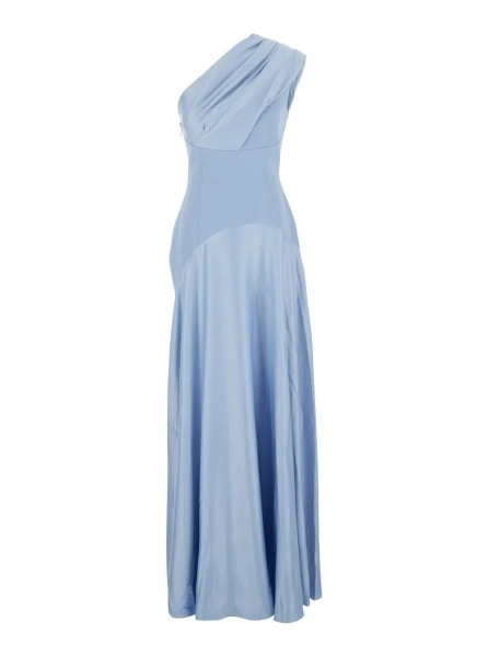 Rochii 'Gabriela' Light blue One-Shoulder long dress with Asymmetrical Bodice and Draping in Tech Fabric for Women