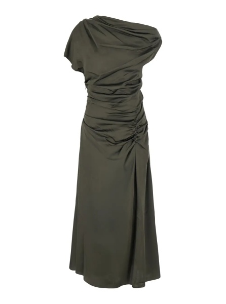Rochii 'Joanna' Green Long Dress with Asymmetric Neckline and Ruches in Tech Fabric for Women