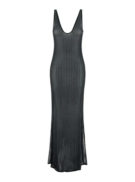 Rochii Malibu Dress with V-Neck and All-Over Crystal Decoration in Black Stretch Tech Fabric for Women