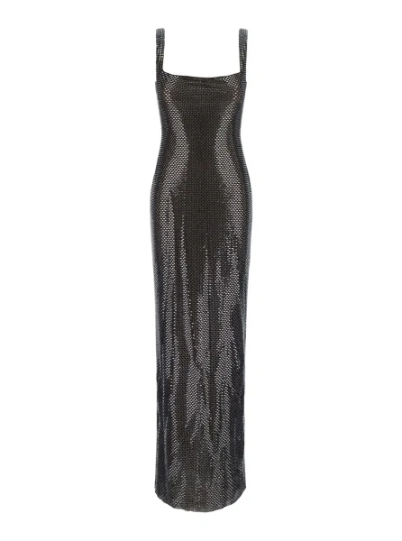 Rochii Maxi dress with square neckline, rhinestone details, in Tech Fabric, gray, woman