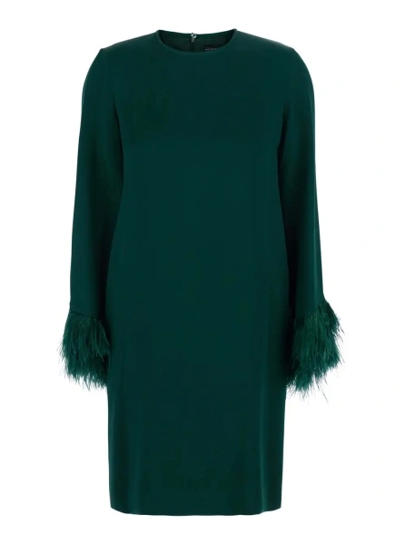 Rochii 'Violetta' Green Dress with Long Sleeves and Feather Details in Satin for Women