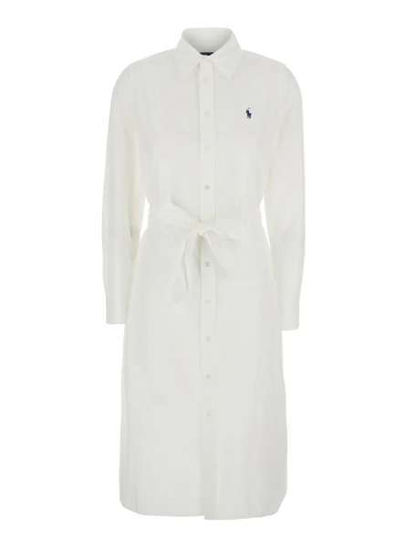 Rochii White Dress with Classic Collar and Pony Embroidery on Front in Cotton for Women