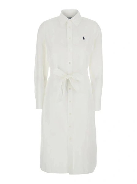 Rochii White Dress with Classic Collar and Pony Embroidery on Front in Cotton for Women