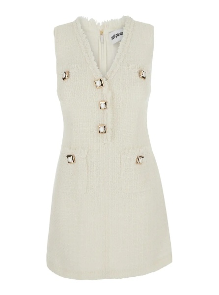 Rochii White Sleeveless Mini Dress with V-neck and Jewel Buttons in Tech Fabric for Women