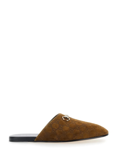 Saboti Brown Mule with Horsebit on the Front and All-Over GG Motif in Suede Man