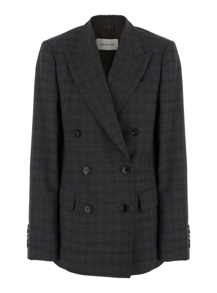 Sacou 'Barrysta' Brown Double-breasted Jacket with peak revers and check motif all-over in wool for women