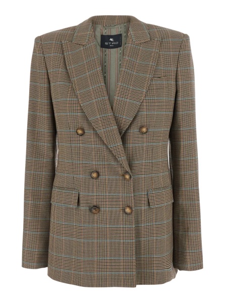 Sacou Beige Double-Breasted Jacket with Peak Lapels and Check Motif in Wool Blend for Women