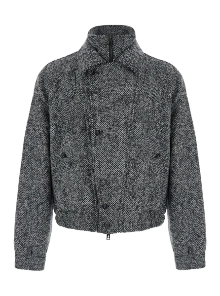 Sacou Black high-neck jacket with off-center closure in wool men