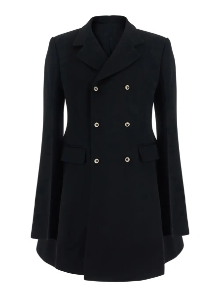 Sacou black Jacket with Notched revers and flared sleeves and hem in virgin wool for women