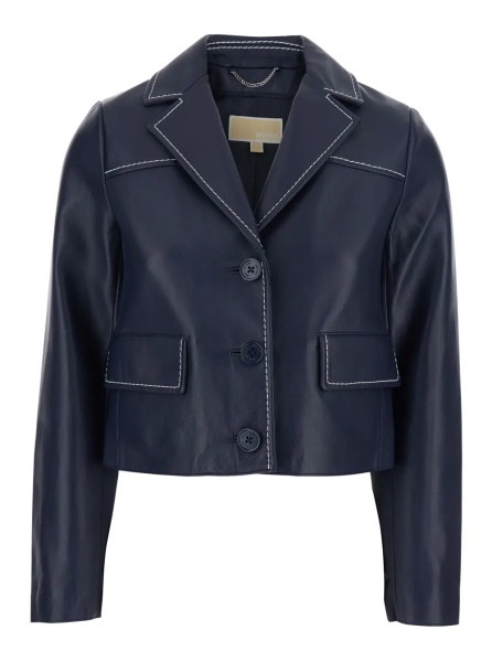 Sacou Blue Jacket with Notched Revers and Contrast Stitching in Leather Women