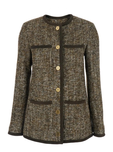 Sacou Brown Crew Neck Jacket with Front Patch Pockets in Wool Blend Woman