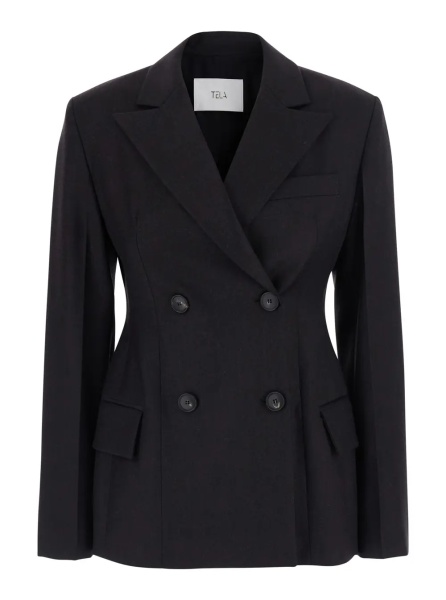 Sacou 'Florence' Brown Double-breasted Jacket with notched revers in wool blend for women