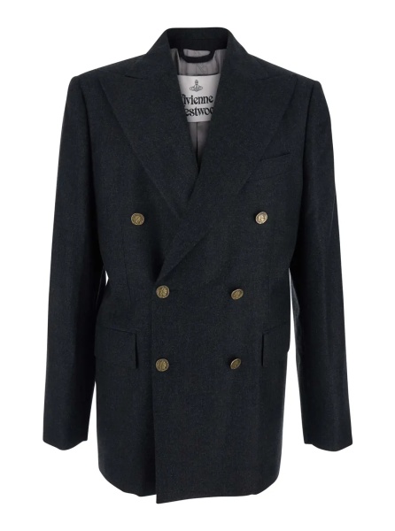 Sacou Grey Double-Breasted Jacket with Wide Peak Lapels in Wool Man