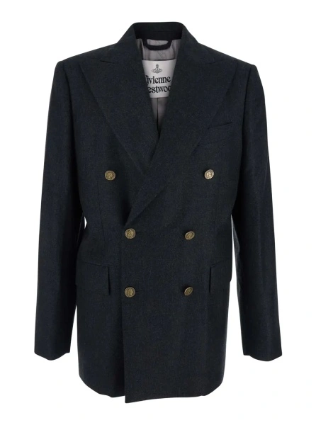 Sacou Grey Double-Breasted Jacket with Wide Peak Lapels in Wool Man