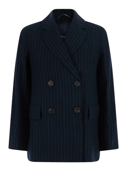 Sacou Jacket in pinstriped washed pure wool twill with blue virgin wool unisex