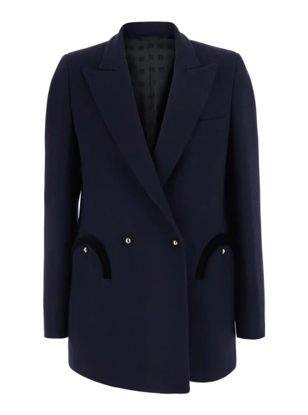 Sacou 'Resolute' Blue Double-breasted Jacket with Peak Revers in Cotton for Women