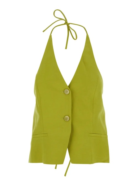 Sacou Yellow Vest with V-Neck and Drawstring Closure on Neck and Back in Blend Linen for women