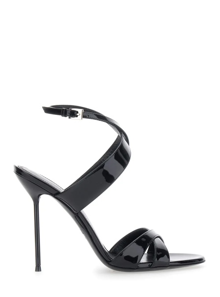 Sandale 'Lidia' Black High Heel Sandals with Braided Ankle Strap and Stiletto Heel in Shiny Leather Women