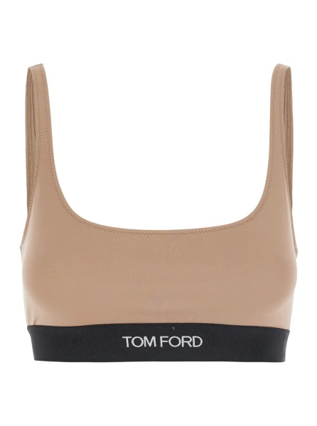 Topuri Beige Top with square neckline and logo lettering on the front in tech fabric for women
