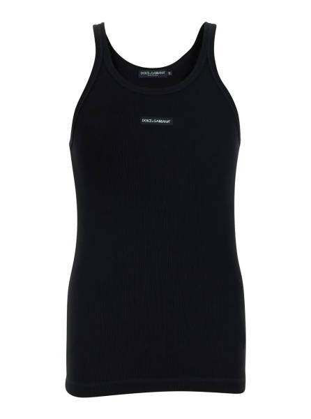 Topuri Black Sleeveless Top with Round Neck and Logo Patch on the Front in Cotton for Men
