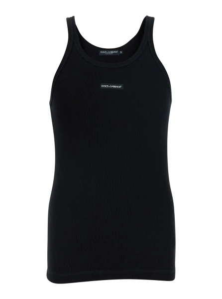 Topuri Black Sleeveless Top with Round Neck and Logo Patch on the Front in Cotton for Men